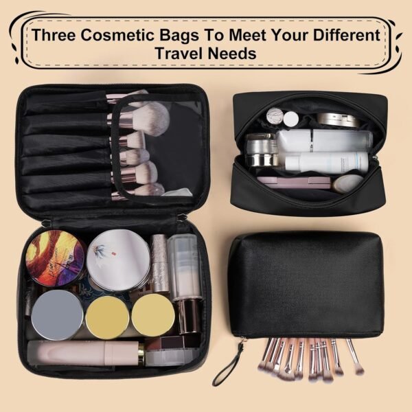 81NUy6i4MCL._AC_SL1500_.jpg MAANGE Makeup Bag - Large Cosmetic Bag with 2pcs Small Makeup Bags Portable Leather Travel Makeup Bag Set Toiletry Bag Make Up Bags for Women and Girls (Black)