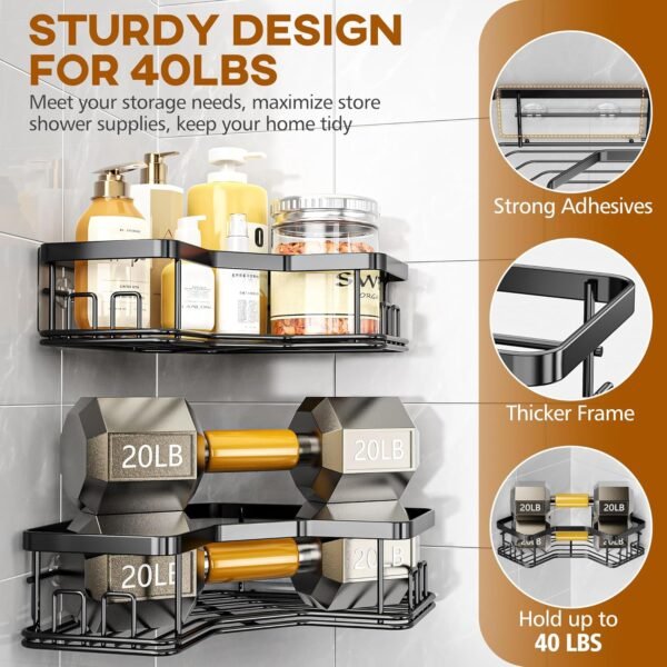 MAXIFFE Shower Caddy, 3-Pack Shower Organizer with Soap Holder, Corner Shower Caddy with 8 Hooks, Wall Mounted Shower Shelf for Bathroom, Kitchen, Countertop, Black