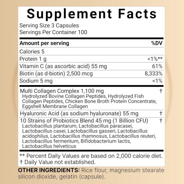 ﻿Multi Collagen Pills (Type I, II, III, V, X), 300 Capsules - Plus Hyaluronic Acid, Biotin, Vitamin C, & Probiotics | 5 Hydrolyzed Collagen Peptides – Hair, Skin, Nail, Joint, & Gut Health Support