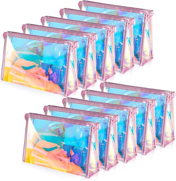 BESARTE 10 Pcs Holographic Makeup Bags Bulk, Mother's Day Gifts for Women Clear Portable Zippered Toiletry Bag Waterproof Cosmetic Bags Wedding Gifts for Bride Bridesmaids