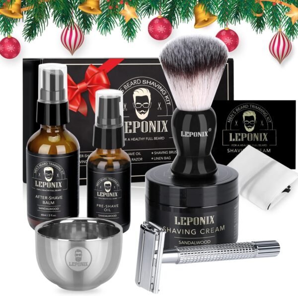 Shaving Kit for Men, Include Safety Razor, Sandalwood Cream, aftershave, Pre Shave Oil, Shaving Brush and Bowl, Shaving Apron Bib -Unique Gifts for Him Stocking Stuffers