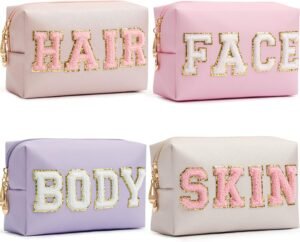 81OTmRE54UL._AC_SL1500_.jpg HBselect 4 Pcs Chenille Letter Patch Makeup Bags - Portable Waterproof Cosmetic Organizer for Women
