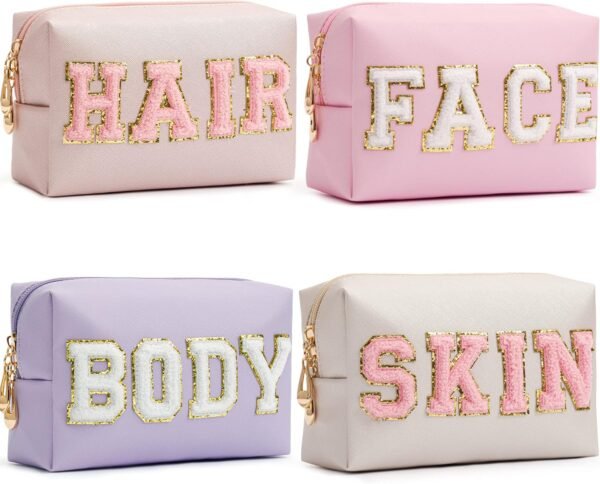 81OTmRE54UL._AC_SL1500_.jpg HBselect 4 Pcs Chenille Letter Patch Makeup Bags - Portable Waterproof Cosmetic Organizer for Women