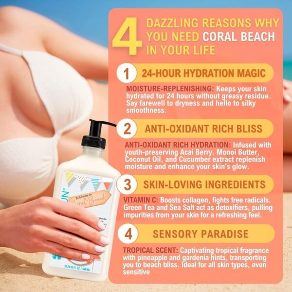 Coral Beach Daily Moisturizer, Tan Extender Lotion, for After Sun or Tanning Bed, Aloe Vera base, Hypoallergenic, Sensitive Skin, Great for Men and Women, Unisex Fresh Scent