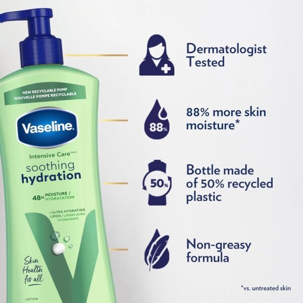 81PL46LDvnL._SL1500_.jpg Vaseline Intensive Care Body Lotion for Dry Skin Soothing Hydration Lotion Made with Ultra-Hydrating Lipids + 1% Aloe Vera Extract to Refresh Dehydrated Skin 20.3 oz, Pack of 3 (packaging May Vary)