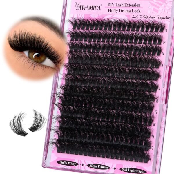 Yawamica Fluffy Lash Clusters Thick 200D Volume Eyelash Clusters 14-20mm Wispy Individual Lashes D Curly Cluster Eyelash Extensions 240pcs DIY Lash Extension for Beginners