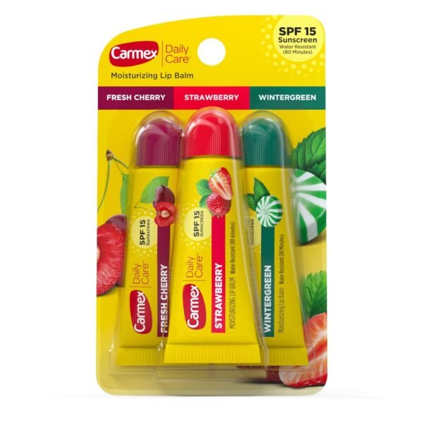 81QXQKOkIBL._SL1500_.jpg Carmex Daily Care Moisturizing Lip Balm Pack, Lip Balm With Sunscreen in Fresh Cherry, Strawberry and Wintergreen -0.35 Ounce (Pack of 3)