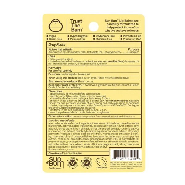 81QfWJRzsNL._SL1500_.jpg Sun Bum SPF 30 Sunscreen Lip Balm 3 Flavor Variety Pack - Coconut, Banana, Watermelon - Moisturizing Aloe Vera and Vitamin E - Vegan and Cruelty Free - UVA/UVB Lip Protection - 0.15 oz , 3 ct