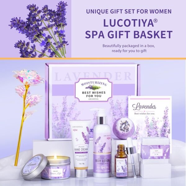 LUCOTIYA Lavender Spa Gift Set for Her,Hand Cream,Lavender Essential Oil,Body Butter ,Lavender Scented Candle,Bath Bombs,Soap