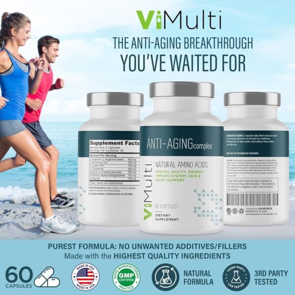Vitmulti Anti-Aging Natural Amino Acids Supplement for Women & Men – Supports Immune Health, Energy, Smoother Skin Tone, & Restorative Sleep, Anti-Aging Supplement Pills for Longevity, 60 Capsules