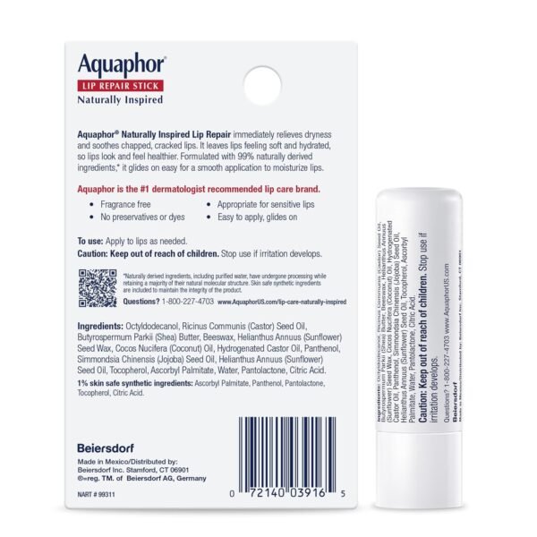 81RQSP5P9NL._SL1500_.jpg Aquaphor Naturally Inspired Lip Repair Stick with Coconut Oil and Natural Shea Butter, Hydrating Lip Balm Immediately Relieves Dryness, 0.17 Oz Stick