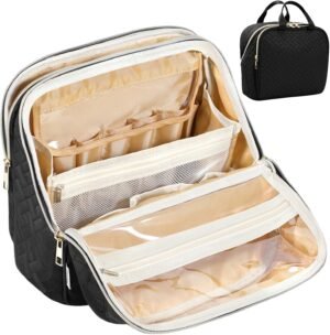 81RegXA4MyL._AC_SL1500_.jpg Makeup Bag, Large Capacity with Room for Brushes and Mirror, Travel Makeup Organizer, Portable Standing Make Up Case, Waterproof Cosmetic Toiletry Bags with Handle, Color Black