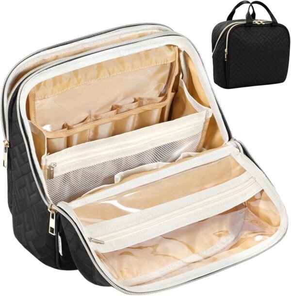 81RegXA4MyL._AC_SL1500_.jpg Makeup Bag, Large Capacity with Room for Brushes and Mirror, Travel Makeup Organizer, Portable Standing Make Up Case, Waterproof Cosmetic Toiletry Bags with Handle, Color Black