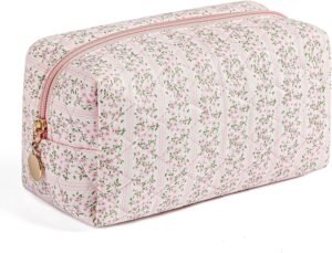 81RyIbslSEL._AC_SL1500_.jpg Makeup Bag Travel Cosmetic Bag for Women Girls, Zipper Make Up Pouch, Floral Flowers Toiletry Organizer Makeup, Portable Storage Cosmetic Travel Cloth Bag (Pink)