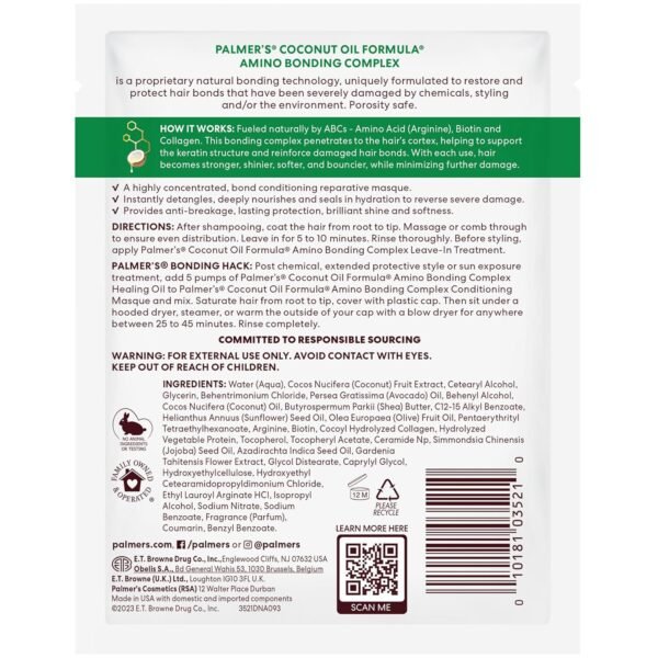 Palmer's Amino Bonding Complex Hair Mask, Intense Conditioning Masque Pack with Coconut Oil & Vitamin E, Heat Protectant, Anti Frizz, Adds Shine, Protects Hair Growth, All Hair Types, 2.1 oz packette