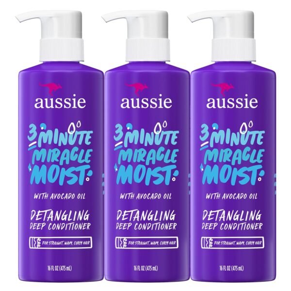 Aussie 3 Minute Miracle Moist Deep Conditioner for Dry Hair, Avocado & Jojoba Oil, Safe for Color Treated Hair, Nourishing Hydration, Silky Shine, Paraben-Free, 16 Fl Oz Each, Triple Pack