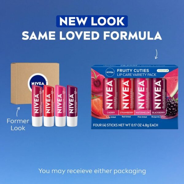 81UPOC3LmPL._SL1500_.jpg NIVEA Lip Care, Fruity Tinted Lip Balm Variety Pack, Cherry, Strawberry, Blackberry and Watermelon Flavors, 3-in-1 Moisture, Repair and Color, 0.17 Oz Stick, Pack of 4