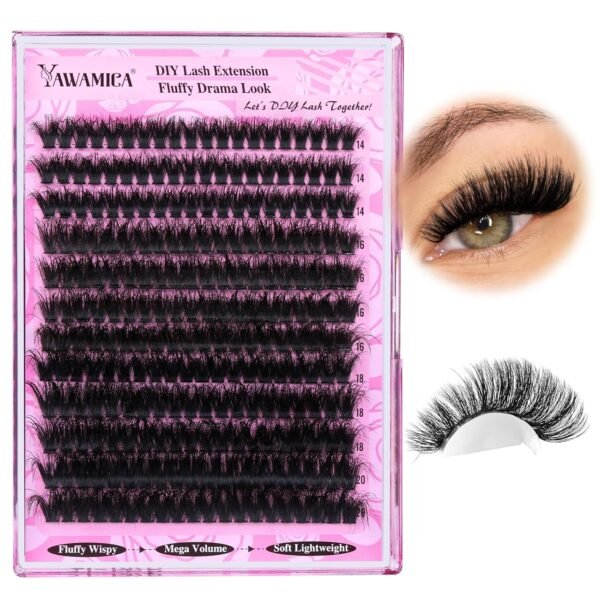Yawamica Fluffy Lash Clusters Thick 200D Volume Eyelash Clusters 14-20mm Wispy Individual Lashes D Curly Cluster Eyelash Extensions 240pcs DIY Lash Extension for Beginners