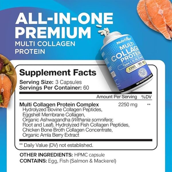 81Ung8i8zFL._AC_SL1500_.jpg Nutrivein Premium Multi Collagen Pills 2250 mg - 180 Easy-to-Swallow Collagen Capsules: Type I, II, III, V, X Hydrolyzed Protein Peptides for Women and Men - Aging, Joints, Hair, Skin, Bones, & Nails