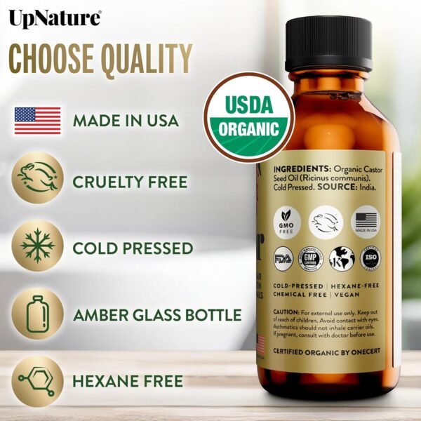 81UoJhNSVSL._AC_SL1500_.jpg UpNature Organic Castor Oil (2 oz) 100% Pure Cold Pressed Unrefined Castor Oil for Hair Growth Support – Eyebrow Eyelash Growth Serum (Hexane Free) Natural Moisturizer in Glass Bottle