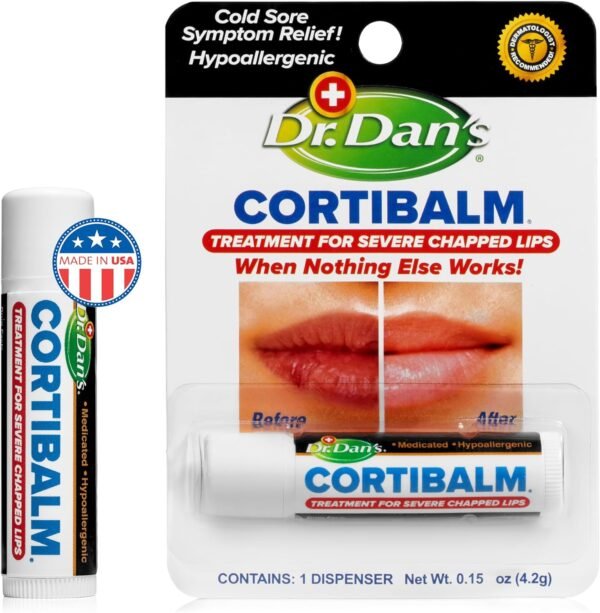 81UxgYyEV3L._AC_SL1500_.jpg Dr. Dan's Cortibalm - 1 Pack - for Dry Cracked Lips - Healing Lip Balm for Severely Chapped Lips - Designed for Men, Women and Children