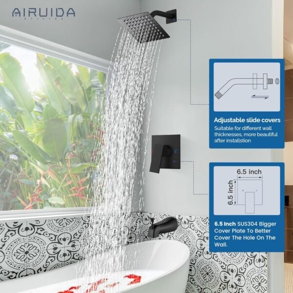 Airuida Shower Faucet Set with Tub Spout Bathtub Faucet Kit Shower Tub Faucet Set Complete Tub Shower Trim Kit with Solid Brass Rough-in Valve and 6 Inch Rainfall Square Showerhead Matte Black