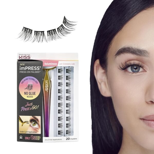 KISS imPRESS Falsies Self Adhesive Eyelashes, Press On Lashes, 12mm-14mm Glam Volume Lashes, Black, No Glue Needed, Invisible Band, 36 Lash Clusters & Non-Stick Applicator - Voluminous