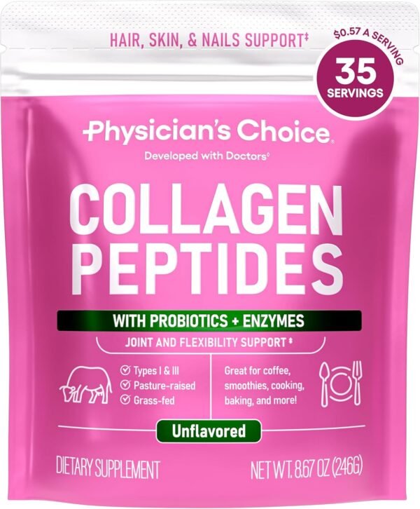 Physician's CHOICE Collagen Peptides - Hydrolyzed Protein Powder for Hair, Skin, Joints - Grass Fed, Non-GMO