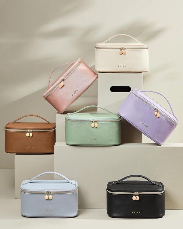 Prite Makeup Bag, Large Capacity Portable Travel Cosmetic Bag, Waterproof Makeup Organizer for Women with Handle and Divider(Beige)