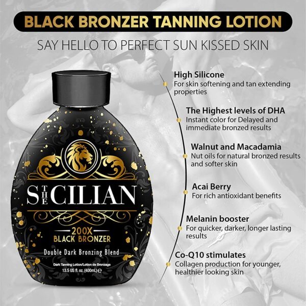 The Sicilian 200X Dark Black Bronzer Tanning Lotion - BEST for Glowing Skin - Gradual Bronzing & Sunless Self Tanner Lotion - Luxurious Sunless Body Tanning Lotion Nourishes Skin
