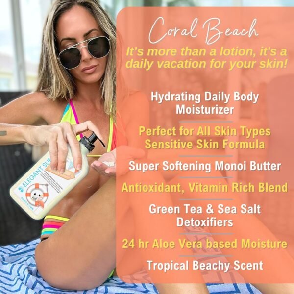 Coral Beach Daily Moisturizer, Tan Extender Lotion, for After Sun or Tanning Bed, Aloe Vera base, Hypoallergenic, Sensitive Skin, Great for Men and Women, Unisex Fresh Scent