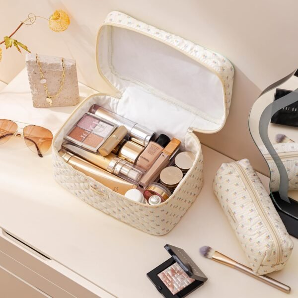 81Z9wc4xAkL._AC_SL1500_.jpg HBselect Quilted Makeup Bag, 3PCS Cotton Large Travel Makeup Bag, Cute Floral Coquette Make up Bag Cosmetic Bag Toiletry Bag for Women Girls