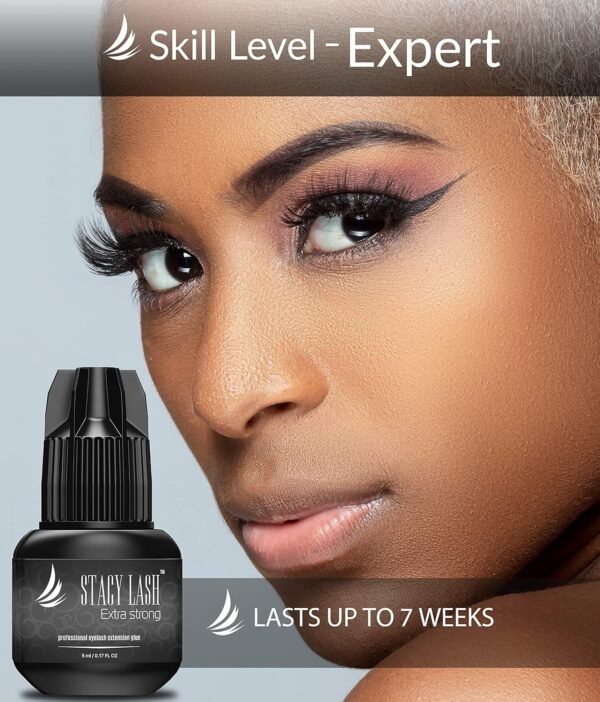 Extra Strong Eyelash Extension Glue Stacy Lash (0.17fl.oz / 5ml) / 0.5-1 Sec Dry/Retention – 8 Weeks/Black Adhesive/Professional Supplies