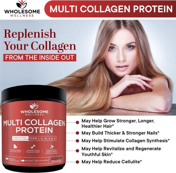 81ZnSjyZ6WL._AC_SL1500_.jpg Wholesome Wellness Multi Collagen Protein Powder Hydrolyzed (Type I II III V X) Grass-Fed All-in-One Super Bone Broth + Peptides - Premium Blend of Beef, Chicken, Wild Fish, Eggshell, 58 Servings