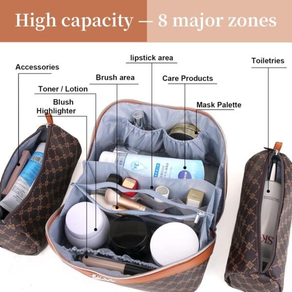 81ZuDmRrM6L._AC_SL1500_.jpg BOYATU Travel Makeup Bag Cosmetic Bags for Women: 3 Pcs Set Large Portable Make up Bag with Handle - Vegan Leather Toiletry Bags with Compartments - Makeup Organizer for Travel Essentials(01-Coffee)