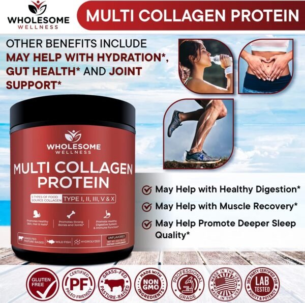 81aBKwC5eL._AC_SL1500_.jpg Wholesome Wellness Multi Collagen Protein Powder Hydrolyzed (Type I II III V X) Grass-Fed All-in-One Super Bone Broth + Peptides - Premium Blend of Beef, Chicken, Wild Fish, Eggshell, 58 Servings