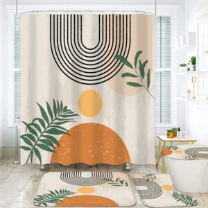 FZDHHY 4PCS Boho Shower Curtain Set Retro Orange Shower Curtain Bathroom Set with Rugs Abstract Shower Curtains for Bathroom with Carpet Bath Mat Toilet Rugs
