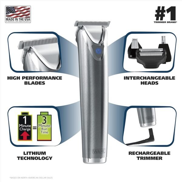81aGrxG8nGL._SL1500_.jpg Wahl USA Stainless Steel Lithium Ion 2.0+ Beard Trimmer for Men - Electric Shaver & Nose Ear Trimmer - Rechargeable All in One Men's Grooming Kit - Model 9864SS