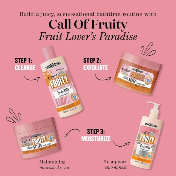 Soap & Glory Call of Fruity Vegan Body Lotion - Moisturizing Body Lotion with Vitamin E, Coconut Oil & Aloe Extracts - Tropical Fruits, Juicy Melon & Hibiscus Cocoa Butter for Dehydrated Skin (500ml)