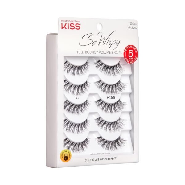 KISS So Wispy False Eyelashes Multipack #11, Full Bouncy Volume & Curl, Signature Wispy Effect, Quality Synthetic, Crisscross Pattern, Cruelty Free, Reusable and contact lens friendly, 5 Pairs