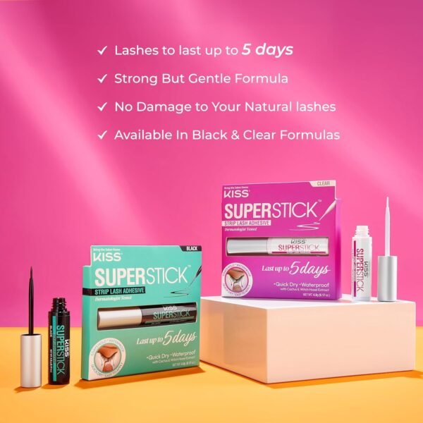 81afJ28E6L._SL1500_.jpg KISS Super Stick 5-Day Extended Wear Strip Lash Adhesive, Quick Drying Lash Glue, Witch Hazel & Cactus Extract Infused, Brush Applicator, Net Wt. 4.8g (0.17 oz.), Clear