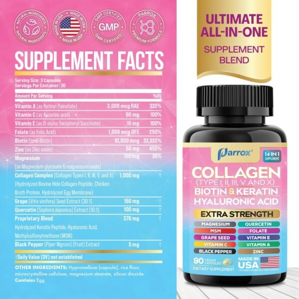 Collagen Peptides Types I, II, III, V & X, MCG Biotin, Keratin, Hyaluronic Acid, MSM, Zinc, Grape Seed Extract, Quercetin, Vitamin A, Vitamin C, Vitamin E, Magnesium, Folic Acid (90 Capsules)