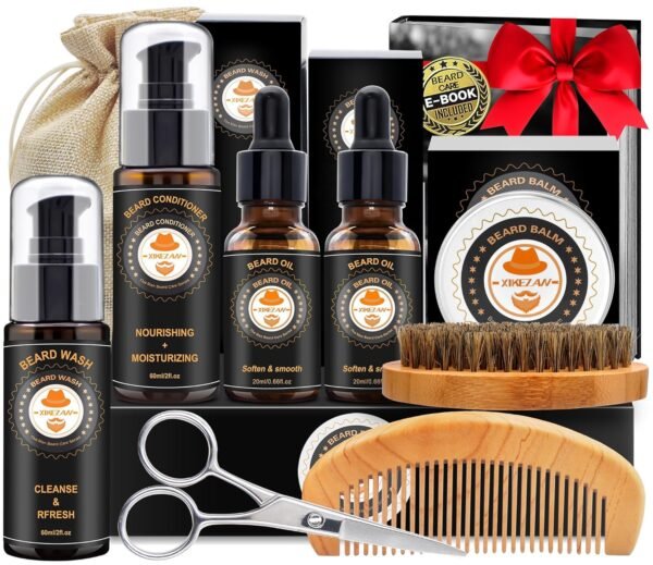 XIKEZAN Beard Kit for Men Grooming & Care w/Beard Conditioner, Wash, Oil, Balm, Brush, Comb,Fathers Birthday Valentines Gifts for Men Him Dad Husband Boyfriend Christmas Stocking Stuffers