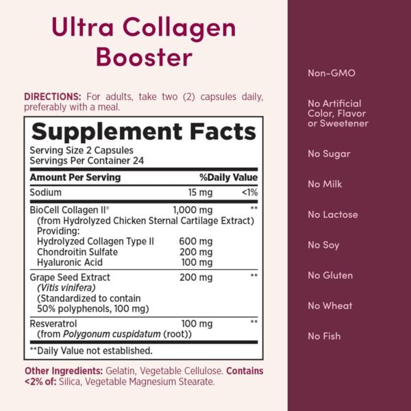 Nature's Bounty Optimal Solutions Ultra Collagen Booster for Healthy-Aging, Collagen Supplement, Resveratrol, Hyaluronic Acid – Collagen Capsules for Women, 48 Capsules