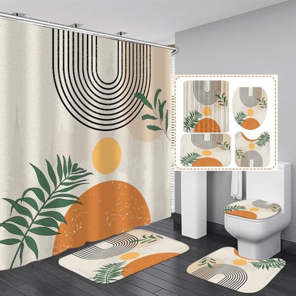 FZDHHY 4PCS Boho Shower Curtain Set Retro Orange Shower Curtain Bathroom Set with Rugs Abstract Shower Curtains for Bathroom with Carpet Bath Mat Toilet Rugs