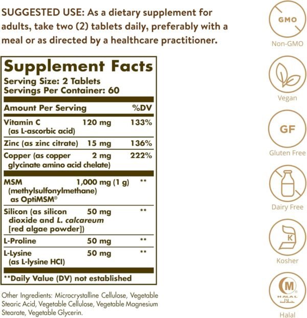 81bEKkpg5sL._AC_SL1500_.jpg Solgar Skin, Nails & Hair, Advanced MSM Formula, 120 Tablets - Supports Collagen for Hair, Nail and Skin Health - Provides Zinc, Vitamin C & Copper - Non GMO, Vegan, Gluten & Dairy Free - 60 Servings ,Standard Packaging , 120 Count