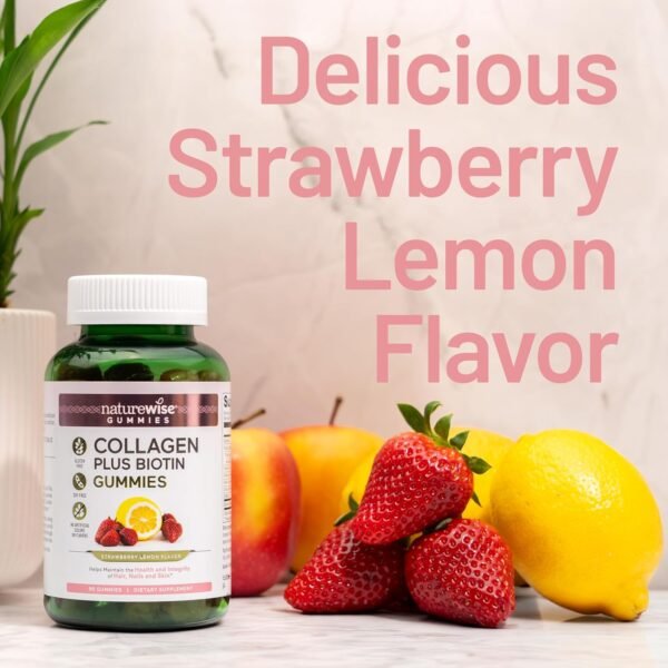 NatureWise Collagen Gummies - Hydrolyzed Collagen Gummies - Type 1 & 3 Peptides for Women + Biotin, Vitamin C, E, & Zinc for Hair Skin and Nails Support - 60 Count[1-Month Supply]