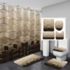 4Pcs Brown Gradient Shower Curtain Set, Modern Geometric Shower Curtain Set Golden Cubic Lines Bathroom Set Texture Art Bath Accessories with Mats
