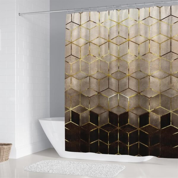 4Pcs Brown Gradient Shower Curtain Set, Modern Geometric Shower Curtain Set Golden Cubic Lines Bathroom Set Texture Art Bath Accessories with Mats