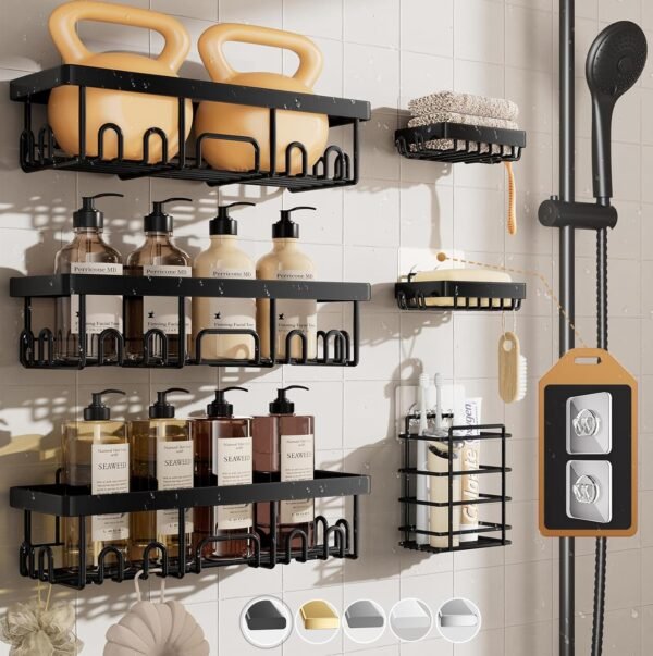 Veken Stainless Steel Shower Caddy 6-Pack, No Drilling & Rustproof, Waterproof Adhesive Shelves Rack with Soap Holder, Large Capacity Bathroom Organizers and Storage, Wall-Mounted Kitchen & Home Decor